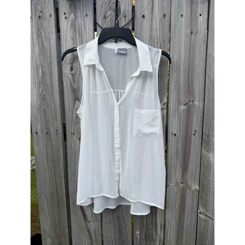 Vanity White Sleeveless Sequin Collar High Low Sheer Button Down Blouse Size M